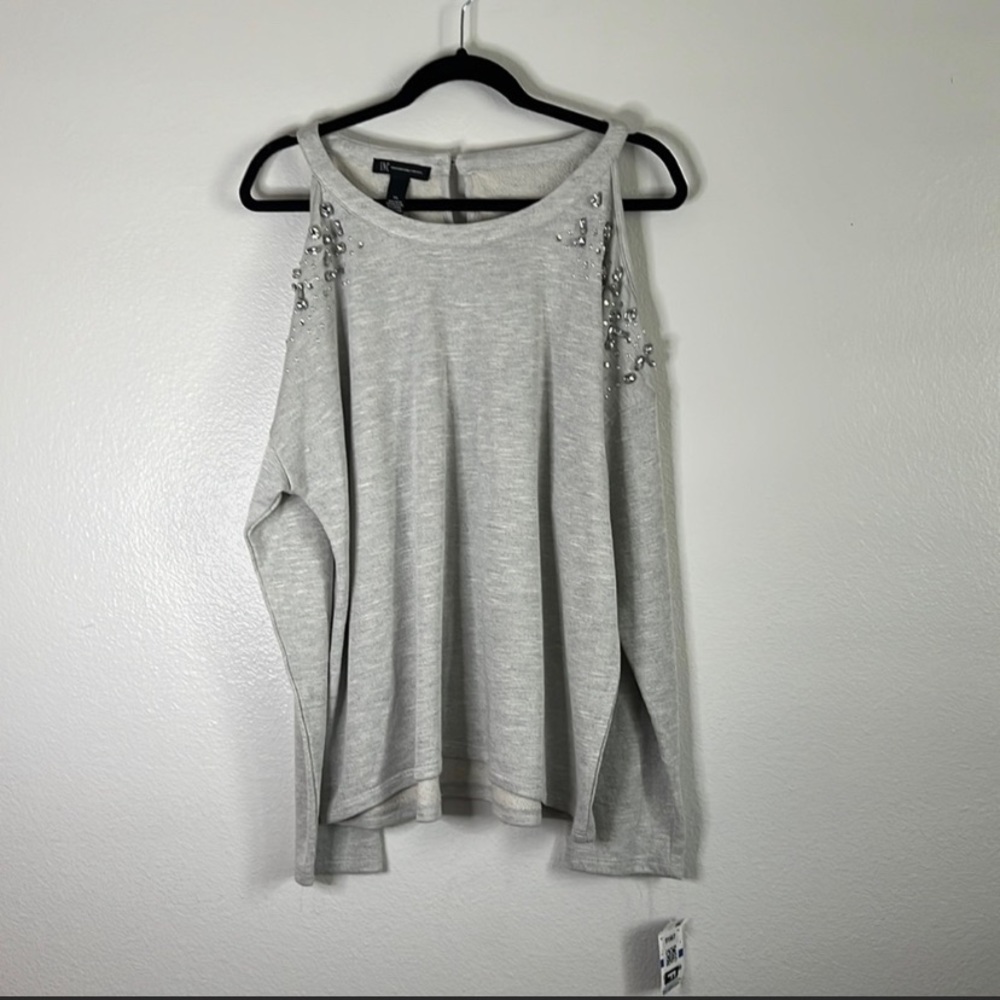 NWT INC Silver Grey Embellished Bedazzled Cold Shoulder Blouse sz XL